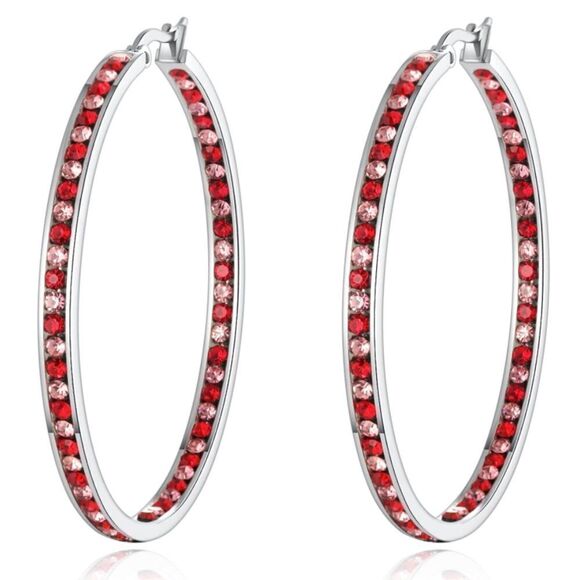 14K White Gold with Ruby Red and Pink Sapphire Cubic Zirconia Big Hoop Earrings - Picture 1 of 5